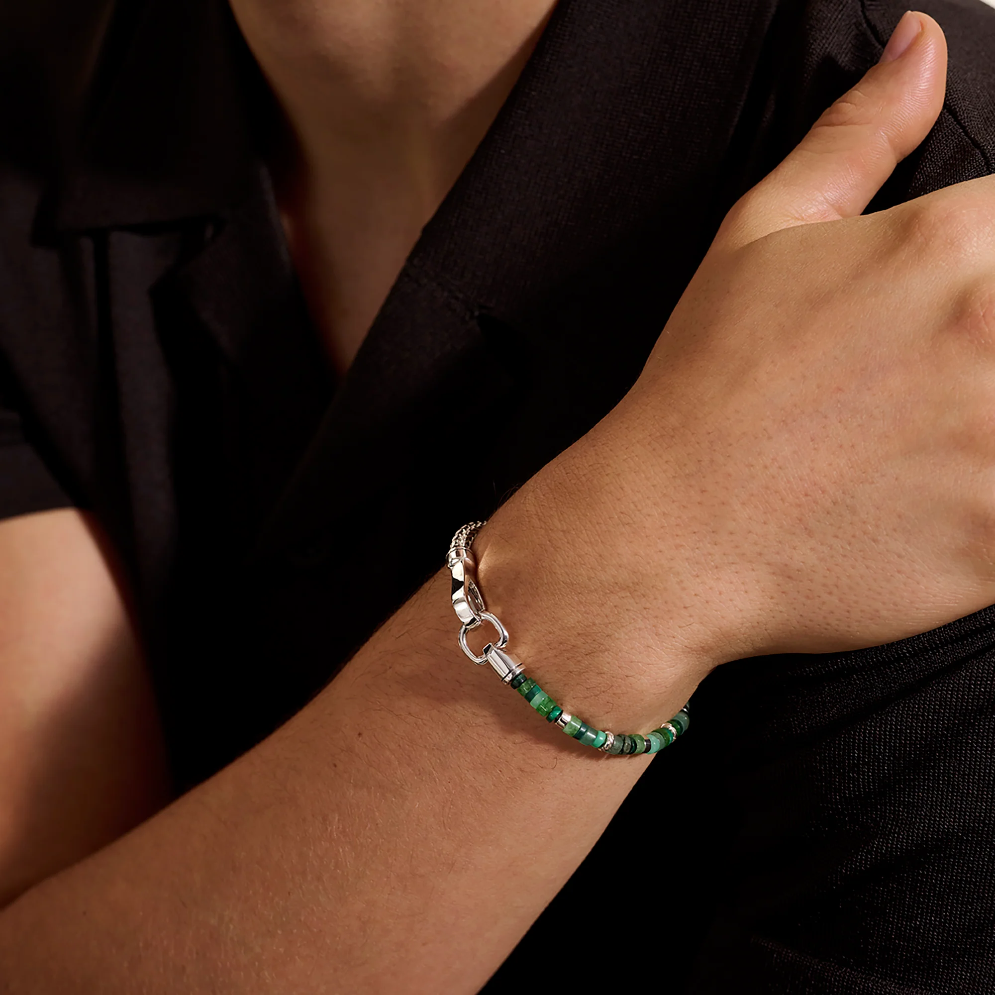 Heishi Chain Bracelet, Sterling Silver, Hardstones, Emeralds|BUS9012521MHQZATR - Image 5