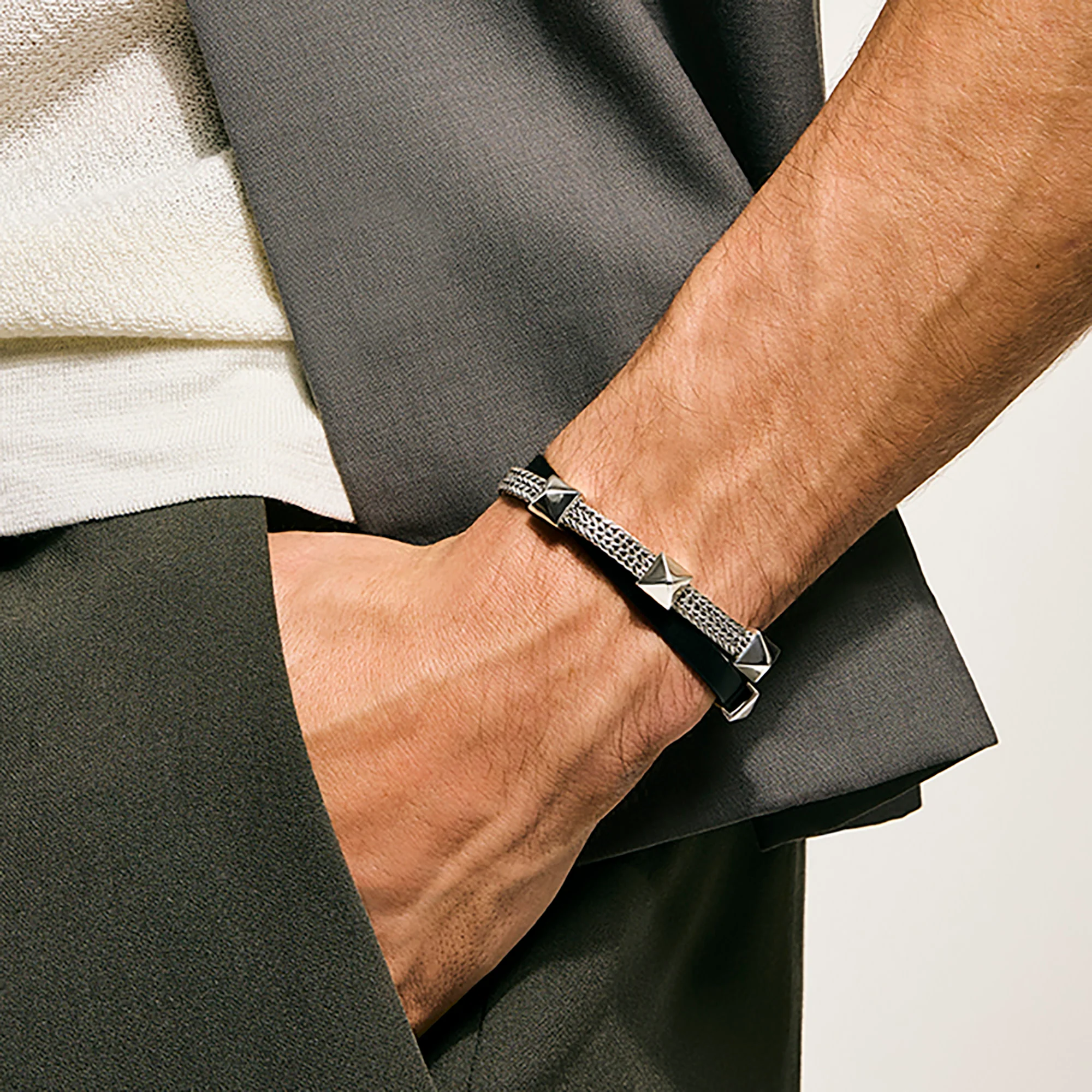 Icon Stud Wrap Bracelet, Sterling Silver, Leather, 6MM|BU97211BL - Image 5