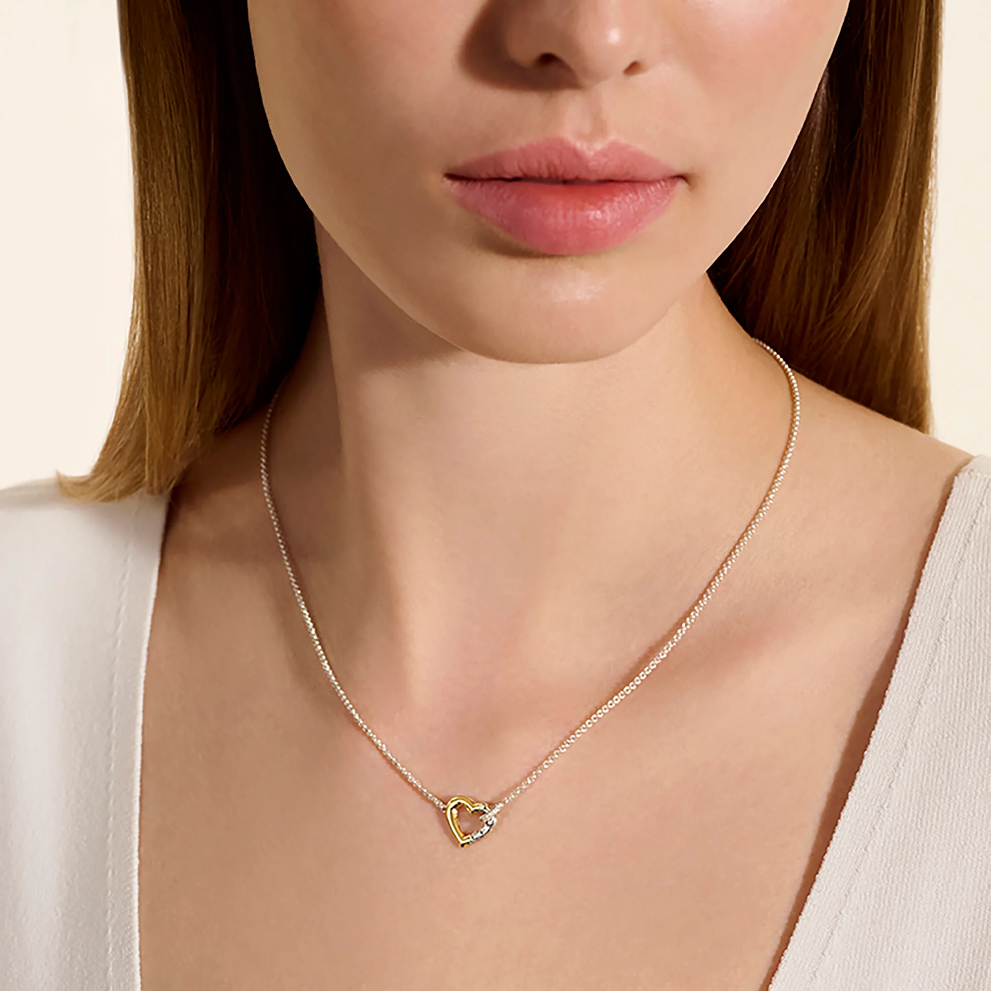 JH Essential Heart Link Necklace, Sterling Silver, Gold, Diamonds, 1.5MM|NZZP989722DI - Image 4